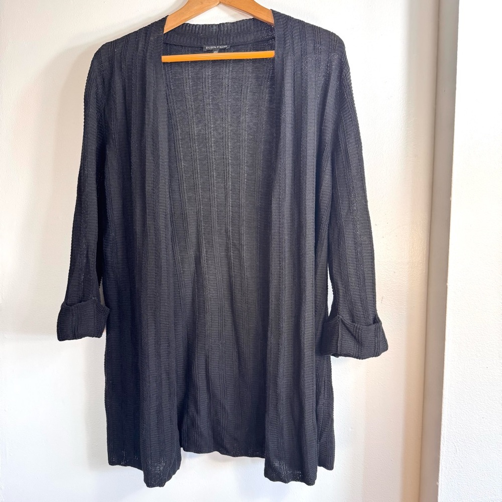 Eileen Fisher Organic Linen/Silk Oversized Lightweight Open Knit Cardigan Sz M